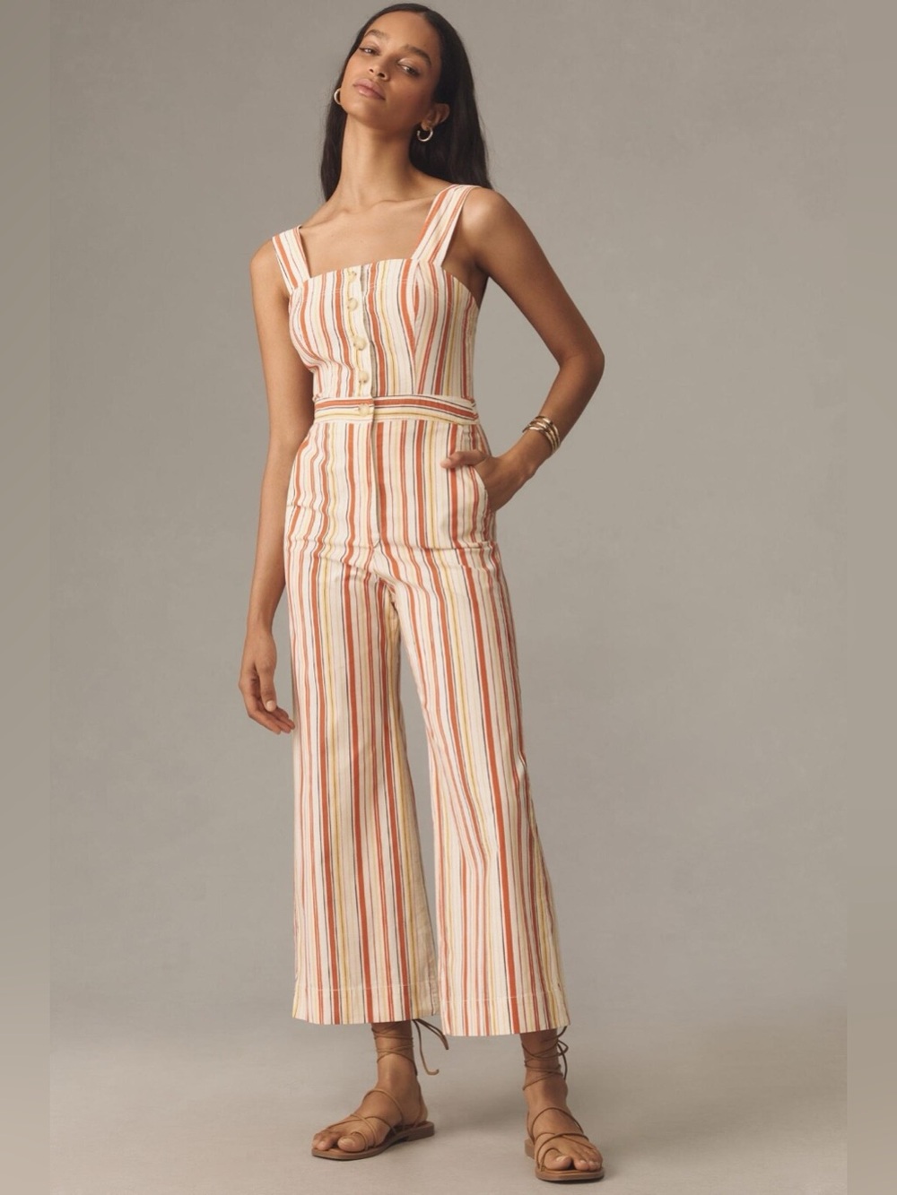 Maeve Anthropologie The Colette Striped Wide Leg Jumpsuit Orange Yellow US 4